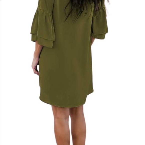 BELONGSCI Olive V-neck Bell Sleeve Shift Mini Dress! - Picture 4 of 4